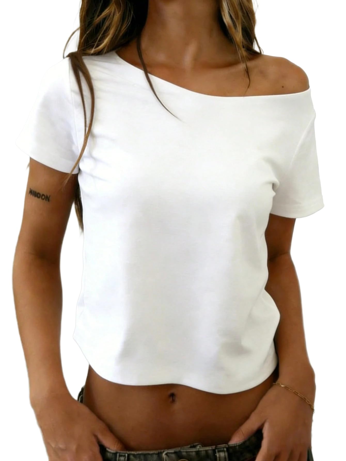 Women's Short Sleeve T-Shirt Polka Dots Off The Shoulder Crop Tops