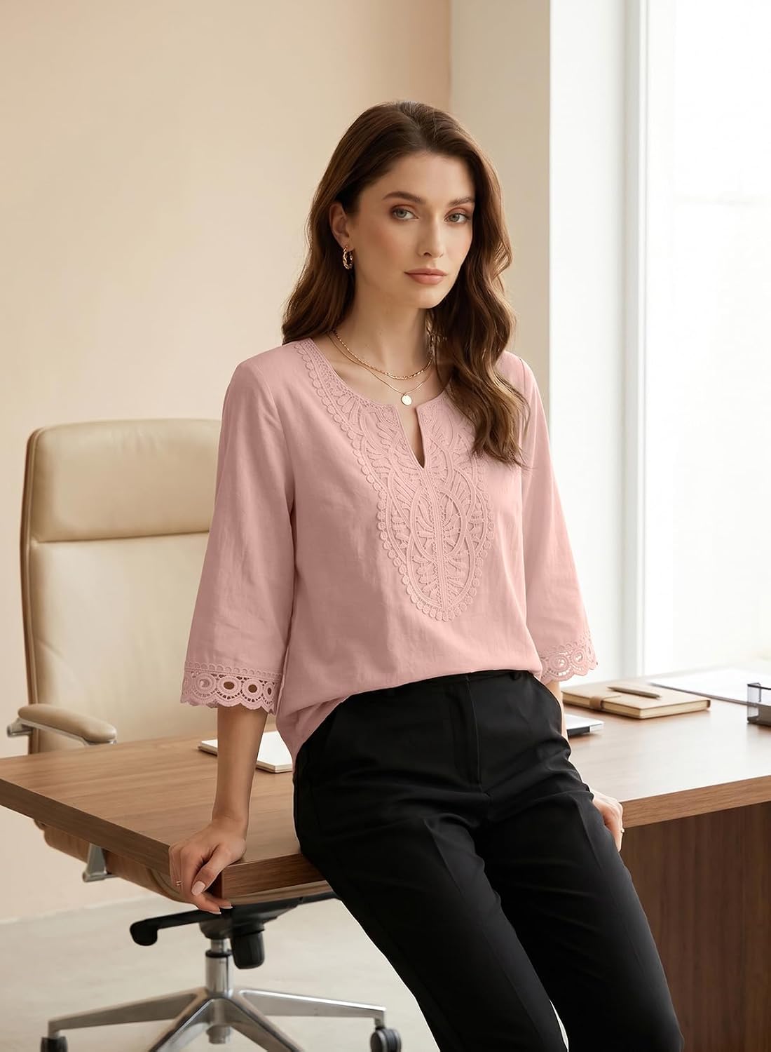 EVALESS Womens 3/4 Length Sleeve Boho Tops Summer Spring 2026 Trendy Lace