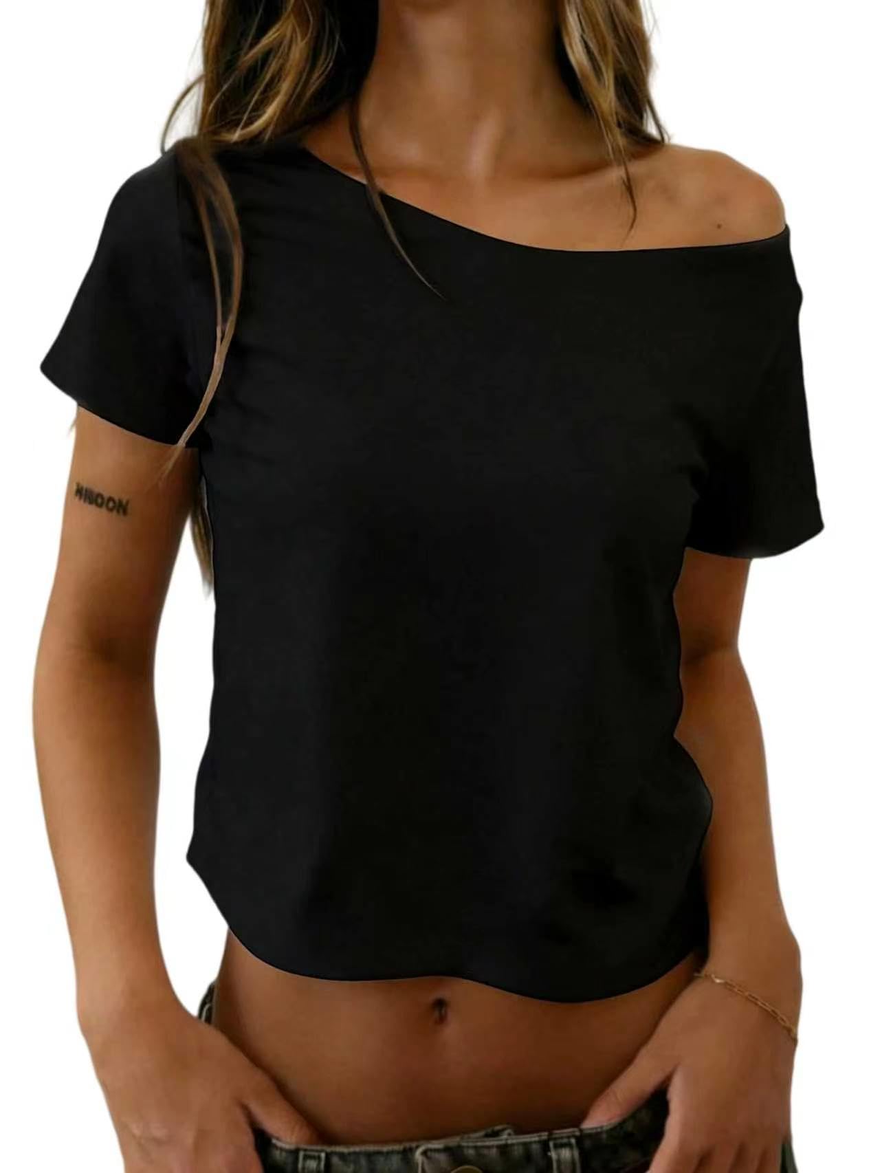 Women's Short Sleeve T-Shirt Polka Dots Off The Shoulder Crop Tops