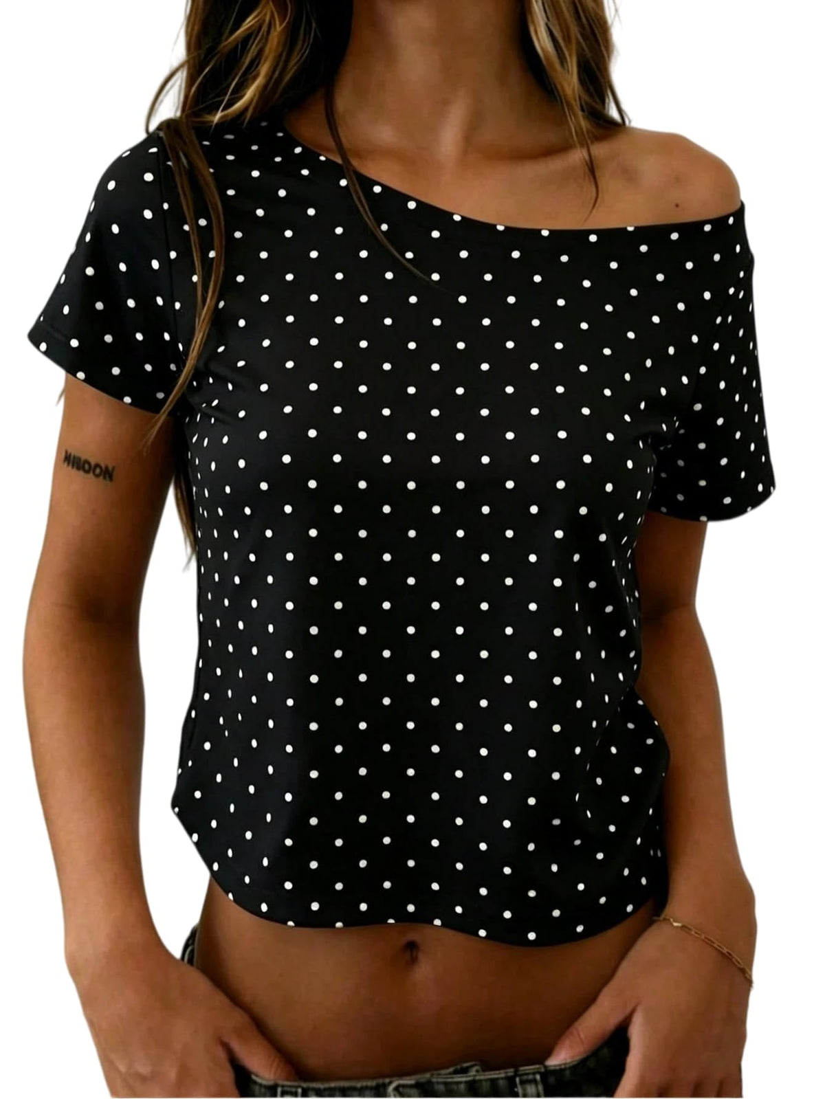 Women's Short Sleeve T-Shirt Polka Dots Off The Shoulder Crop Tops