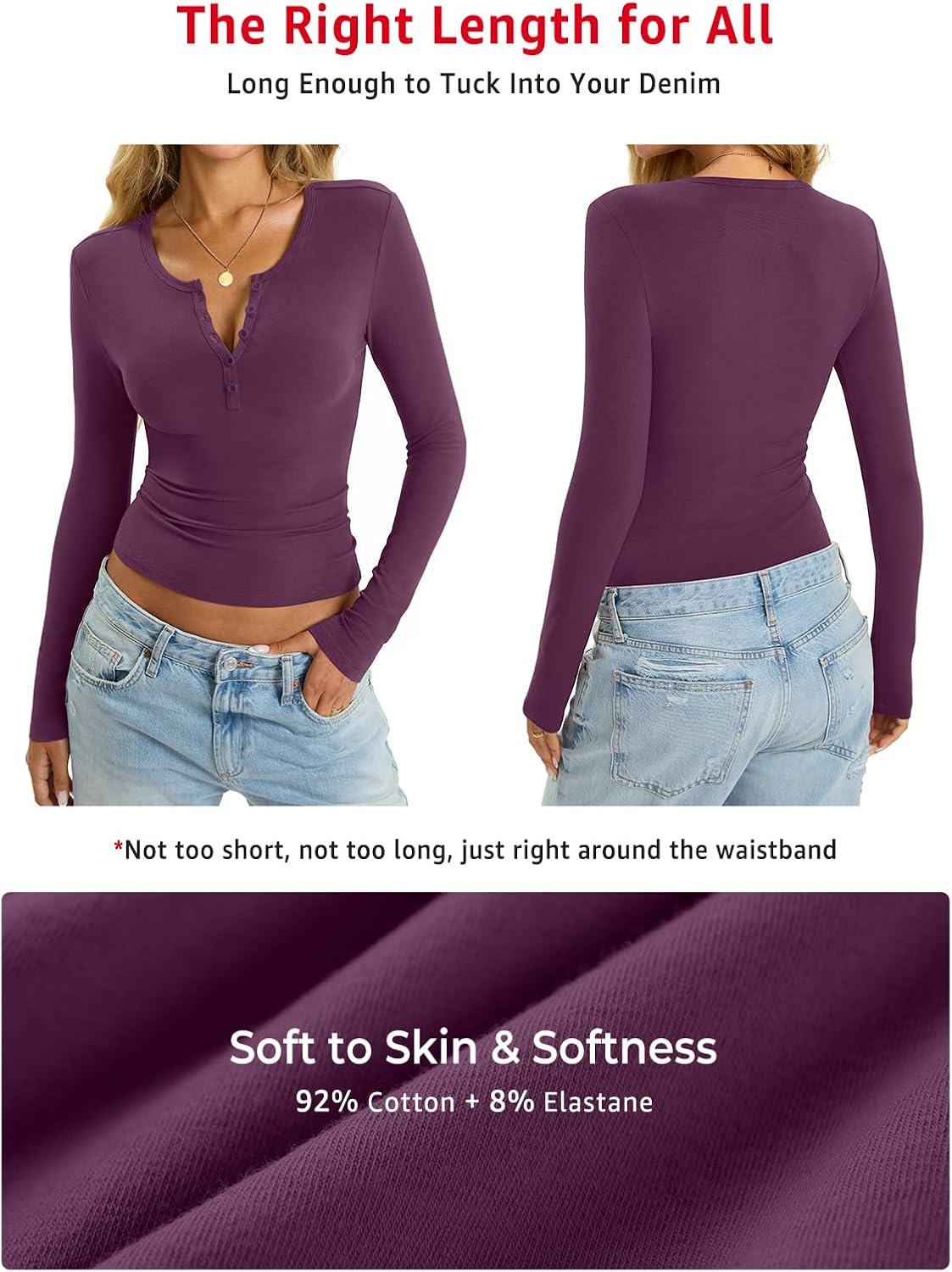 EasyGala Womens Cotton Long Sleeve Shirts Fitted V Neck Henley Top Fall Tee
