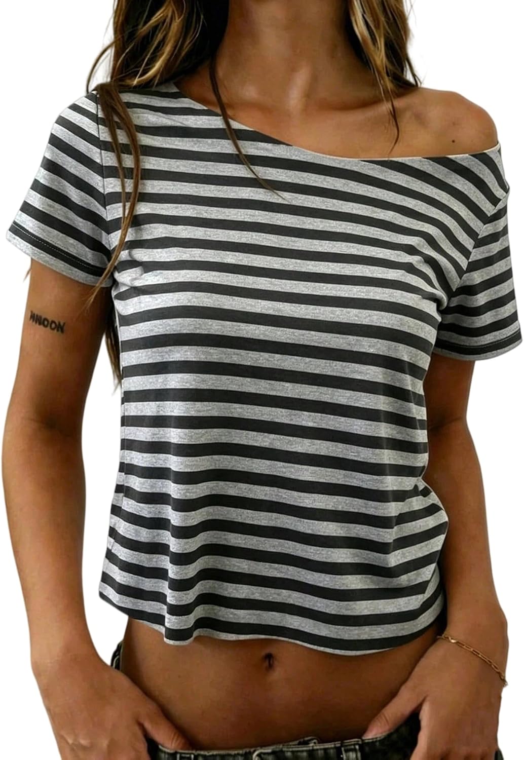 Women's Short Sleeve T-Shirt Polka Dots Off The Shoulder Crop Tops