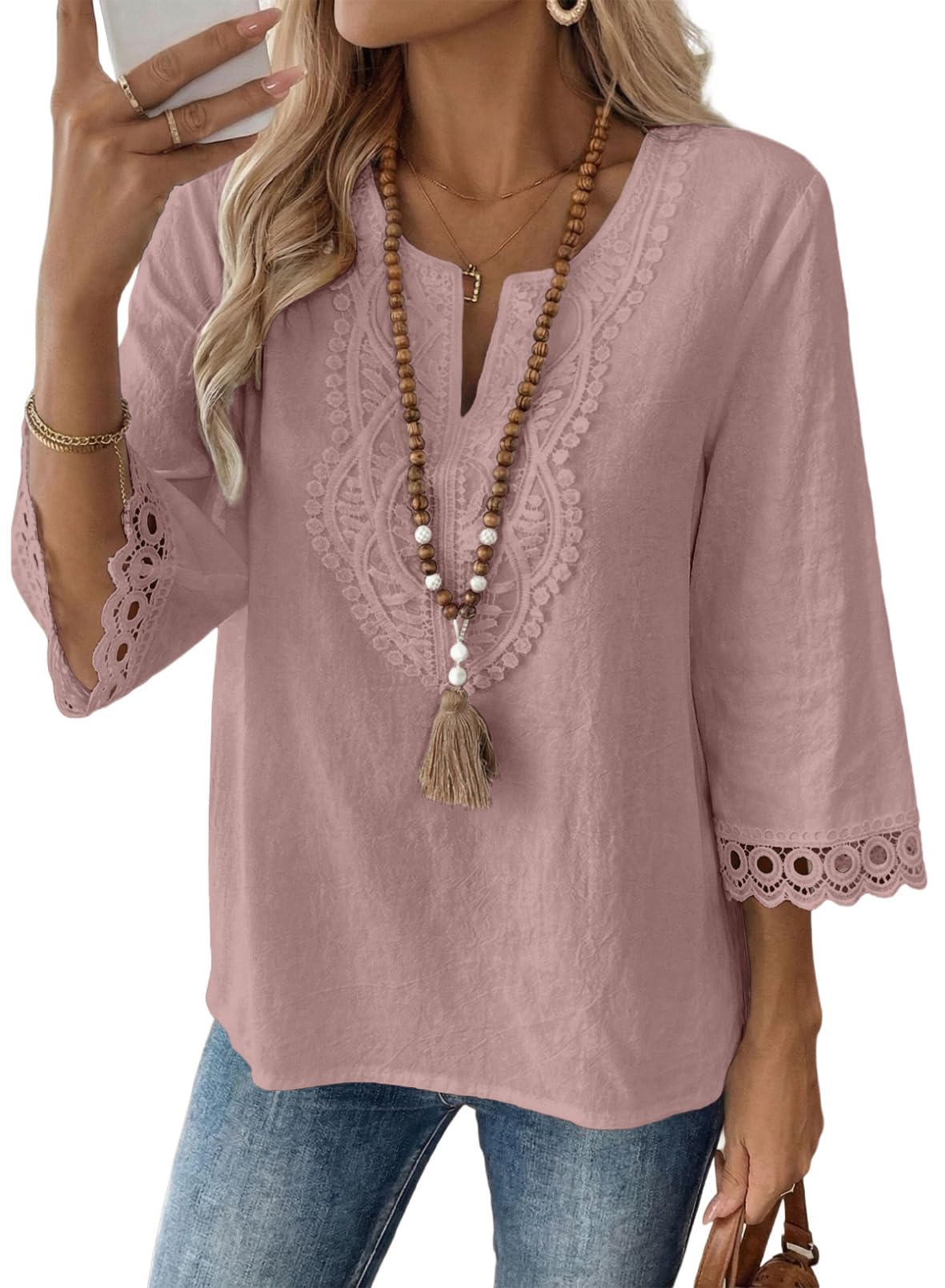 EVALESS Womens 3/4 Length Sleeve Boho Tops Summer Spring 2026 Trendy Lace