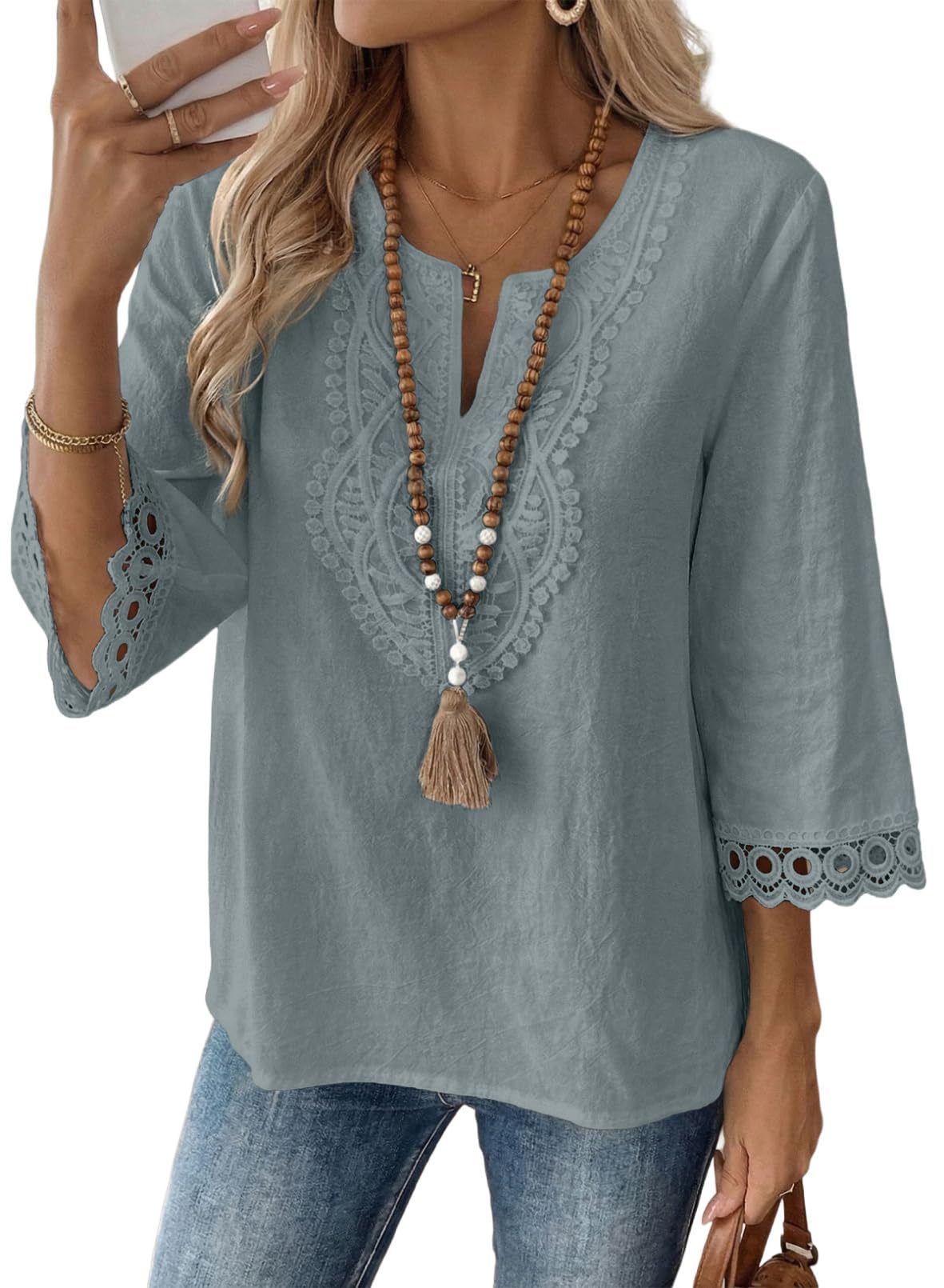 EVALESS Womens 3/4 Length Sleeve Boho Tops Summer Spring 2026 Trendy Lace