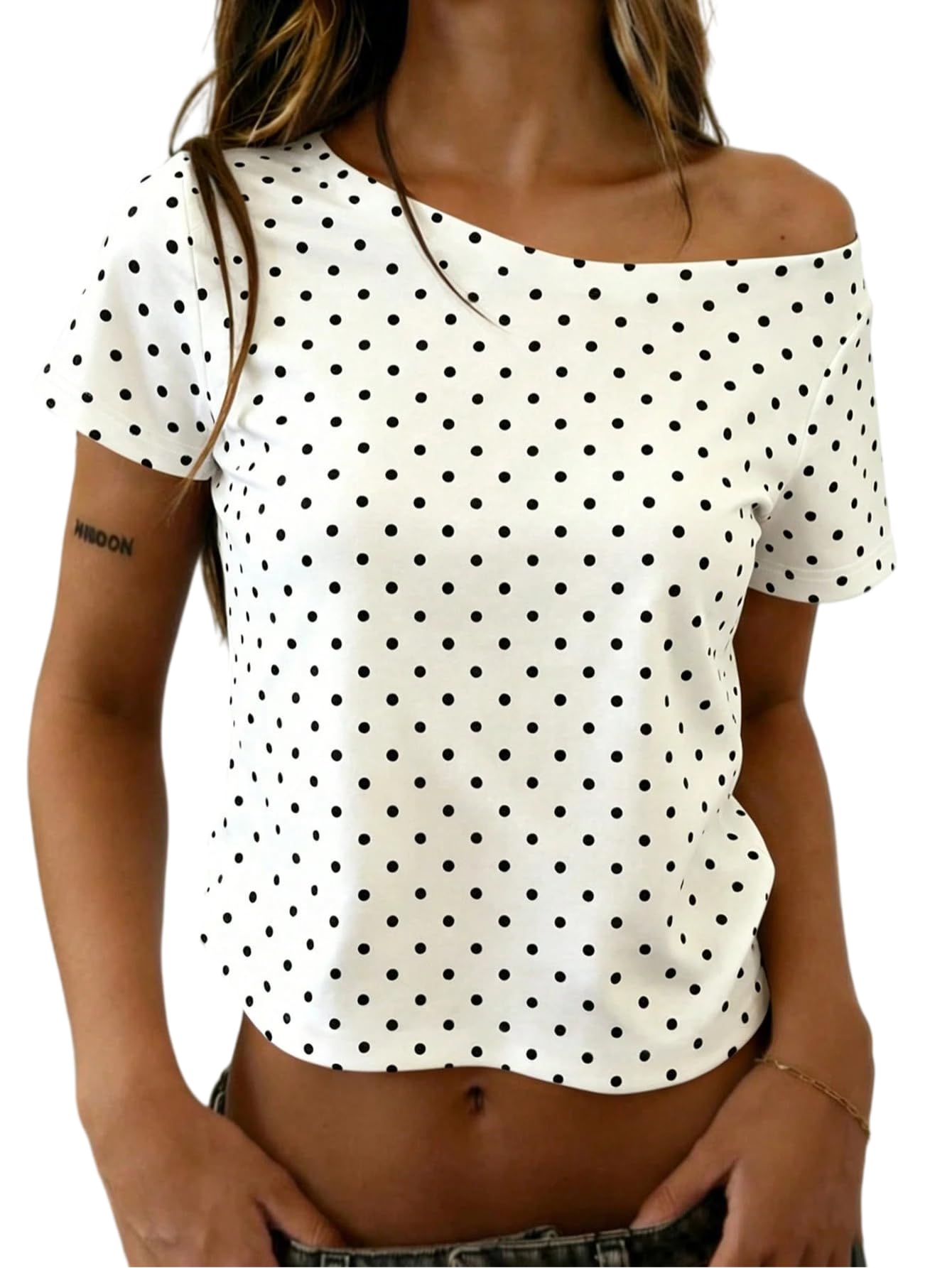 Women's Short Sleeve T-Shirt Polka Dots Off The Shoulder Crop Tops