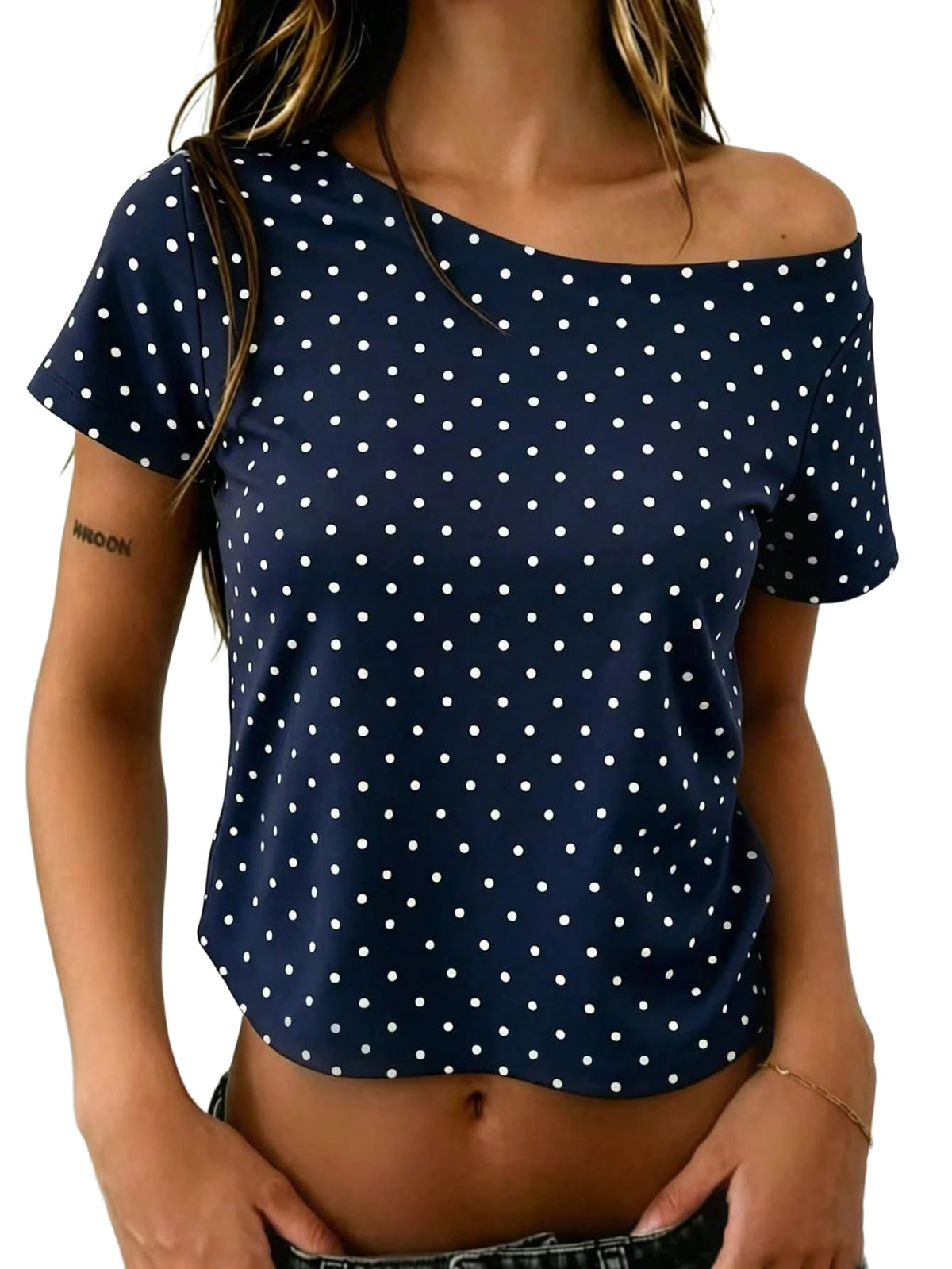 Women's Short Sleeve T-Shirt Polka Dots Off The Shoulder Crop Tops