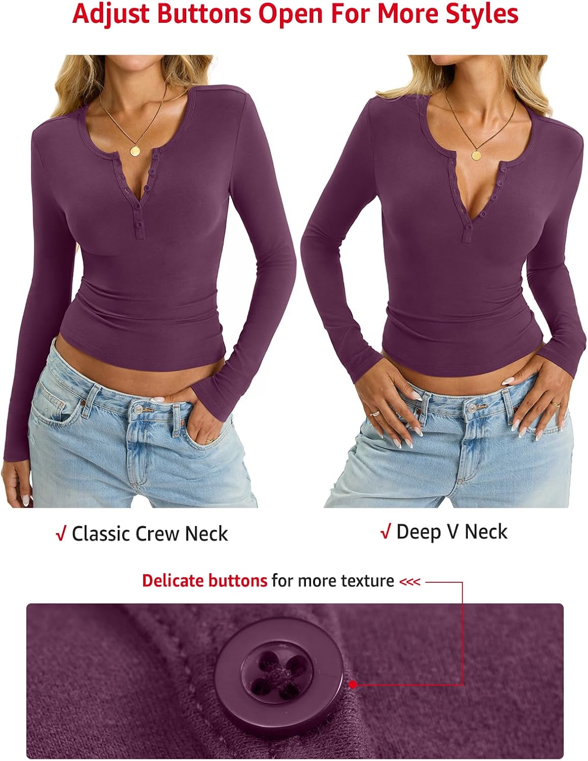 EasyGala Womens Cotton Long Sleeve Shirts Fitted V Neck Henley Top Fall Tee
