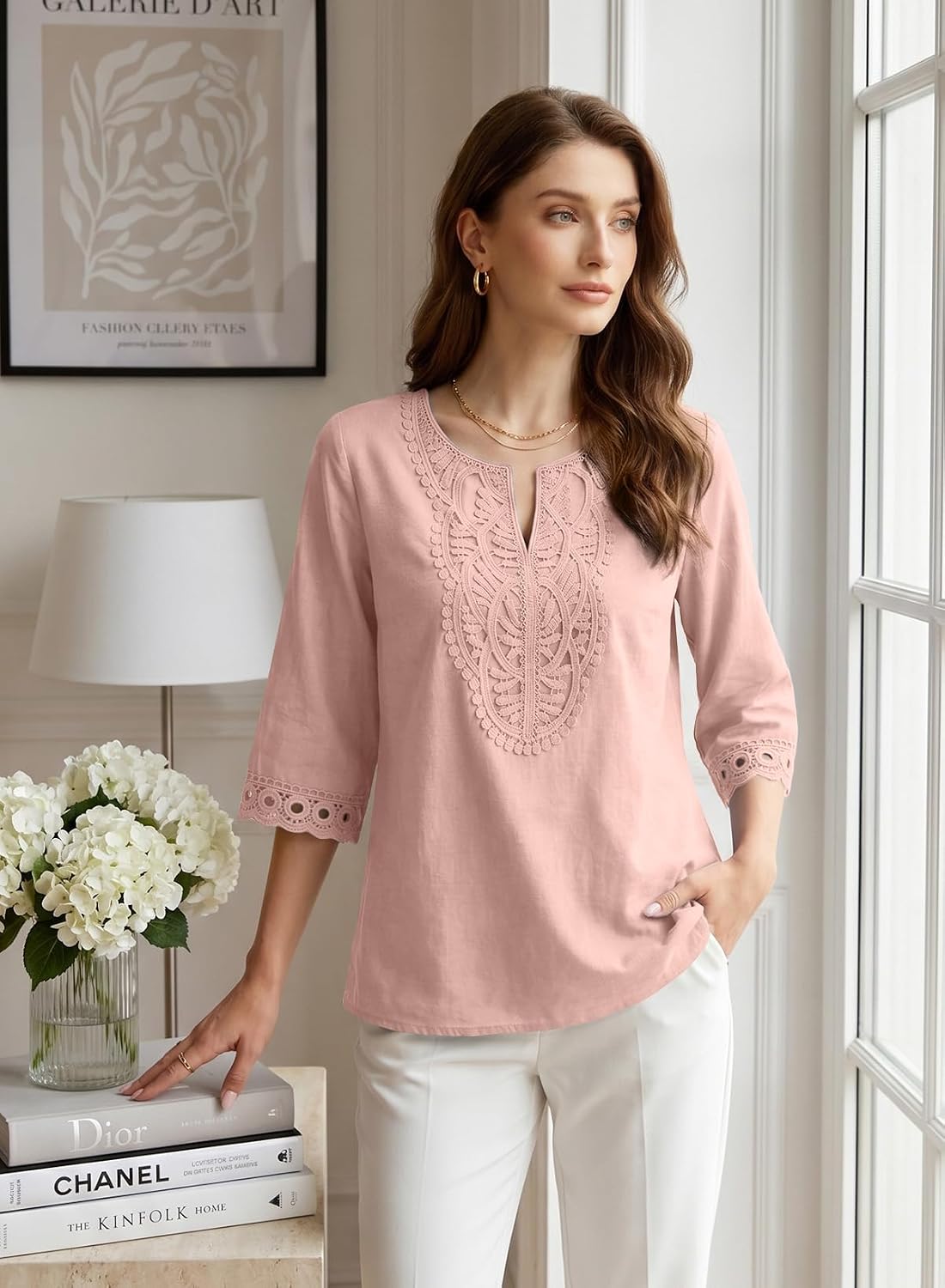 EVALESS Womens 3/4 Length Sleeve Boho Tops Summer Spring 2026 Trendy Lace