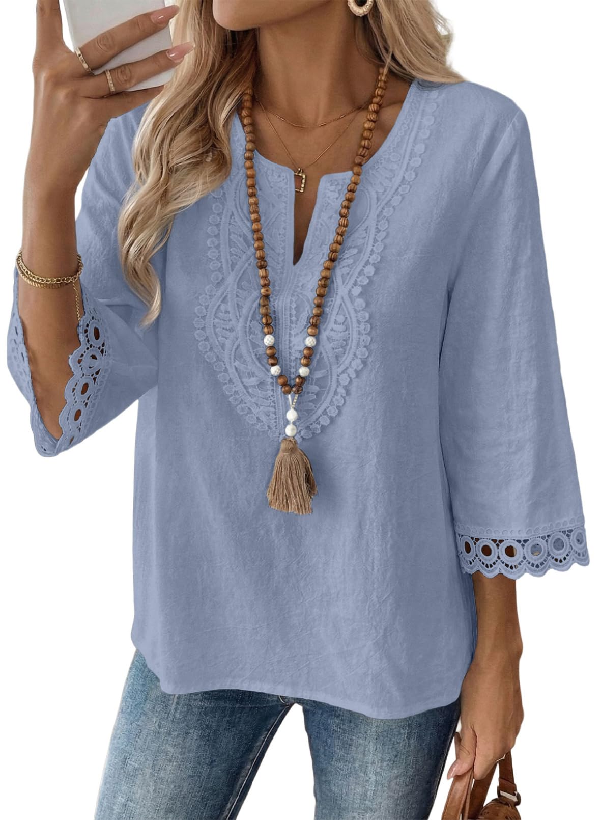 EVALESS Womens 3/4 Length Sleeve Boho Tops Summer Spring 2026 Trendy Lace