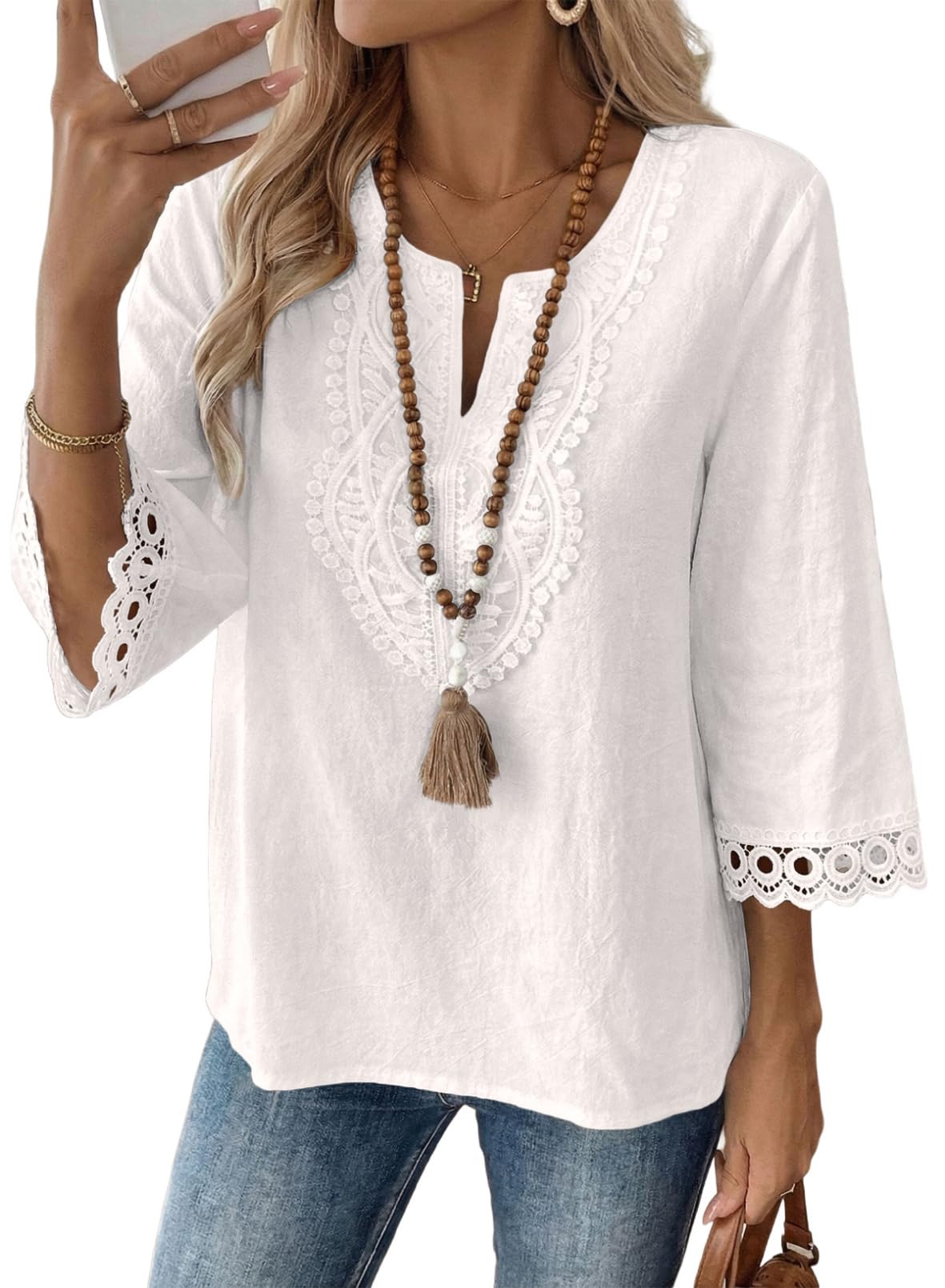 EVALESS Womens 3/4 Length Sleeve Boho Tops Summer Spring 2026 Trendy Lace