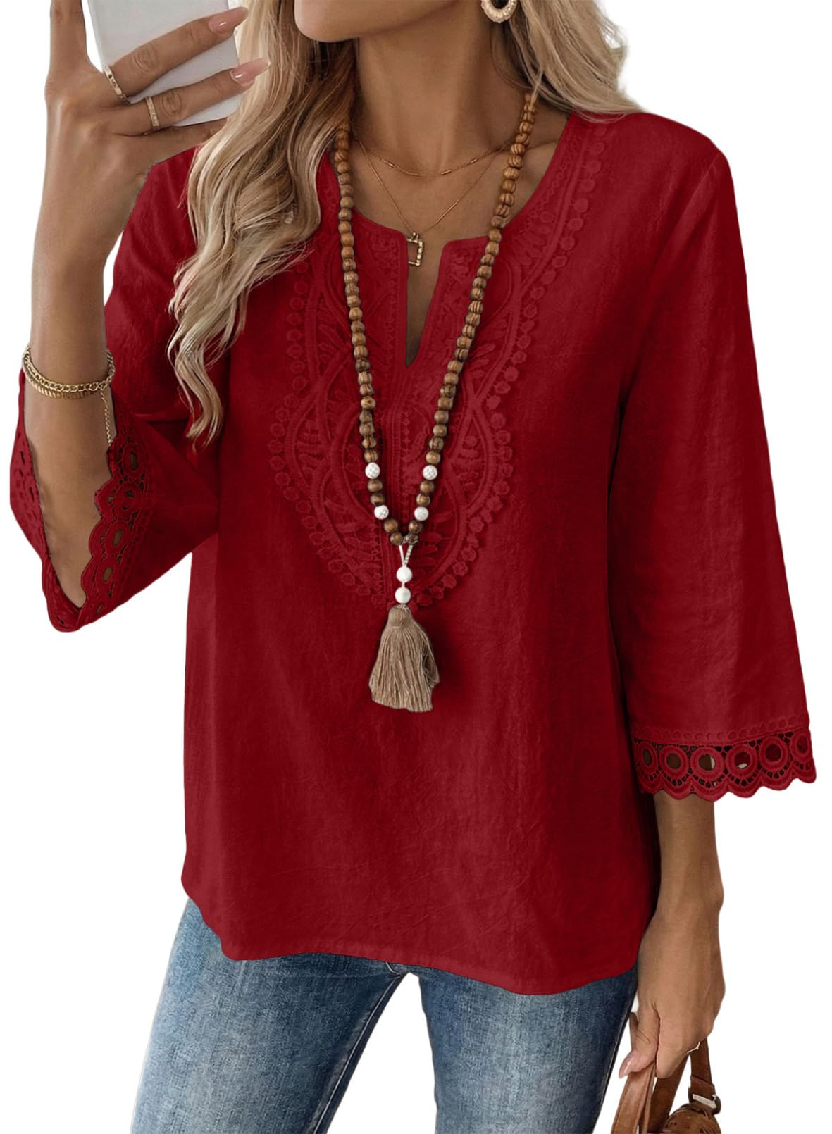 EVALESS Womens 3/4 Length Sleeve Boho Tops Summer Spring 2026 Trendy Lace