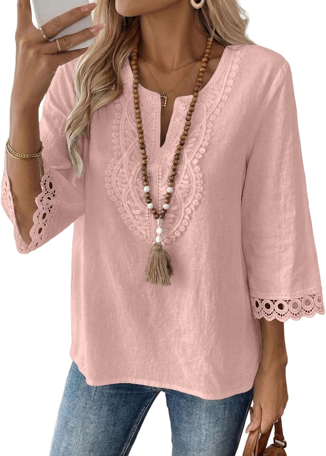 EVALESS Womens 3/4 Length Sleeve Boho Tops Summer Spring 2026 Trendy Lace