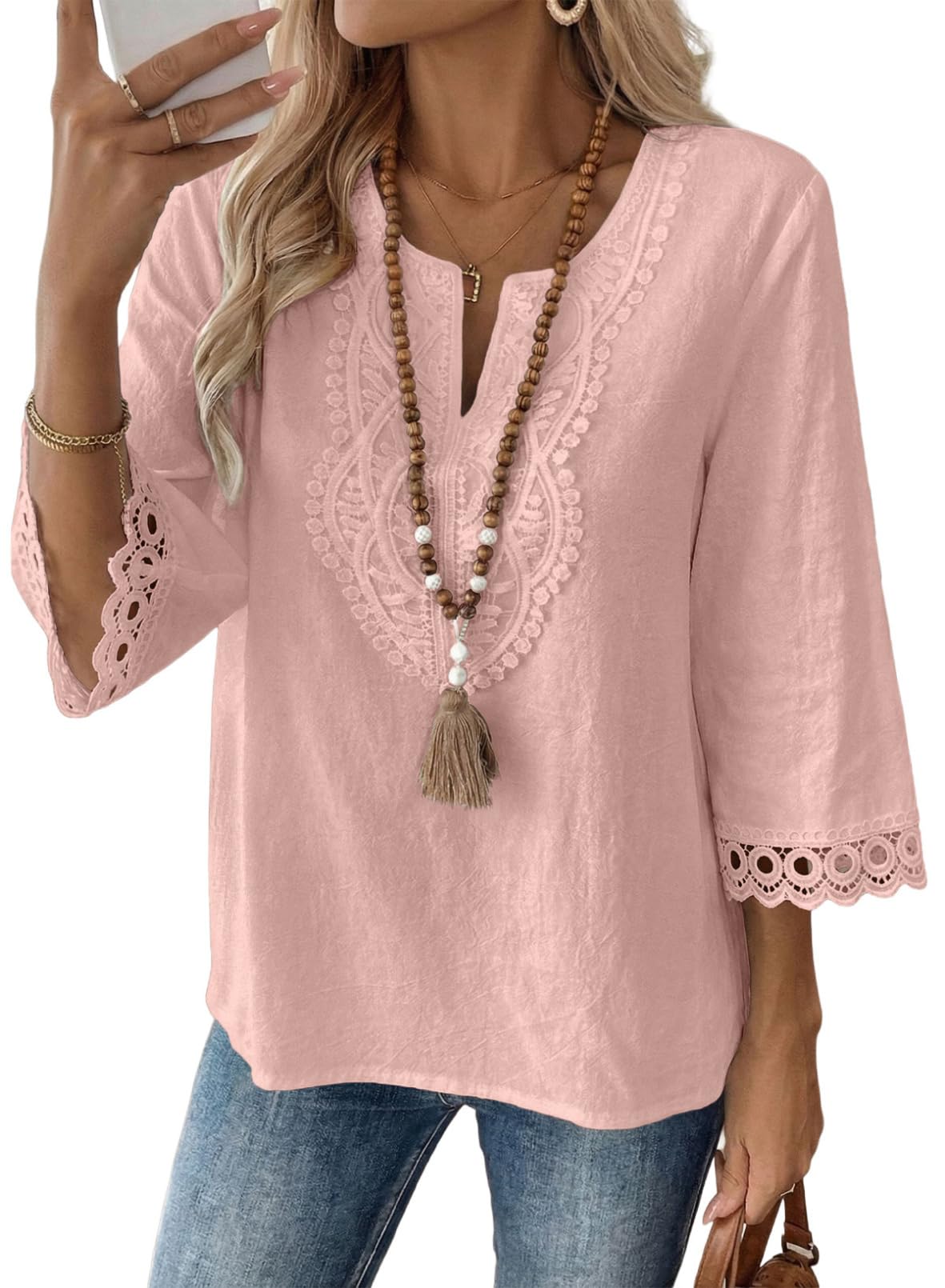 EVALESS Womens 3/4 Length Sleeve Boho Tops Summer Spring 2026 Trendy Lace