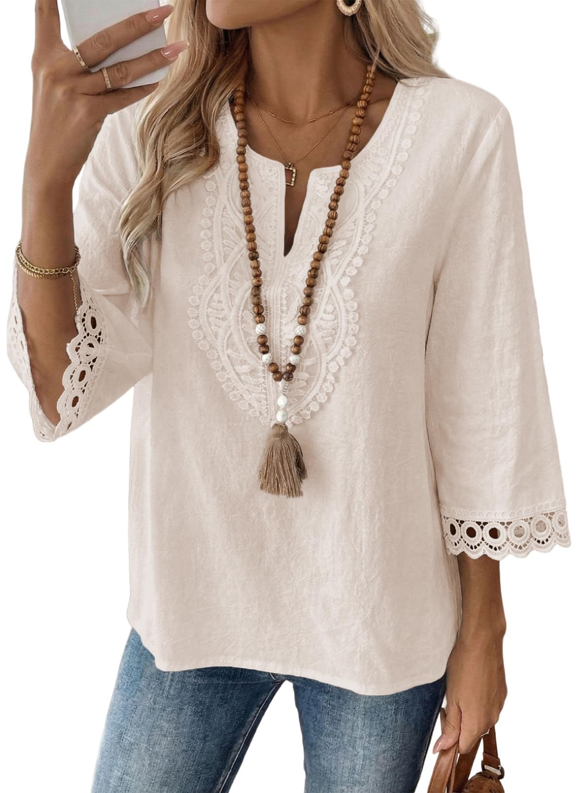 EVALESS Womens 3/4 Length Sleeve Boho Tops Summer Spring 2026 Trendy Lace