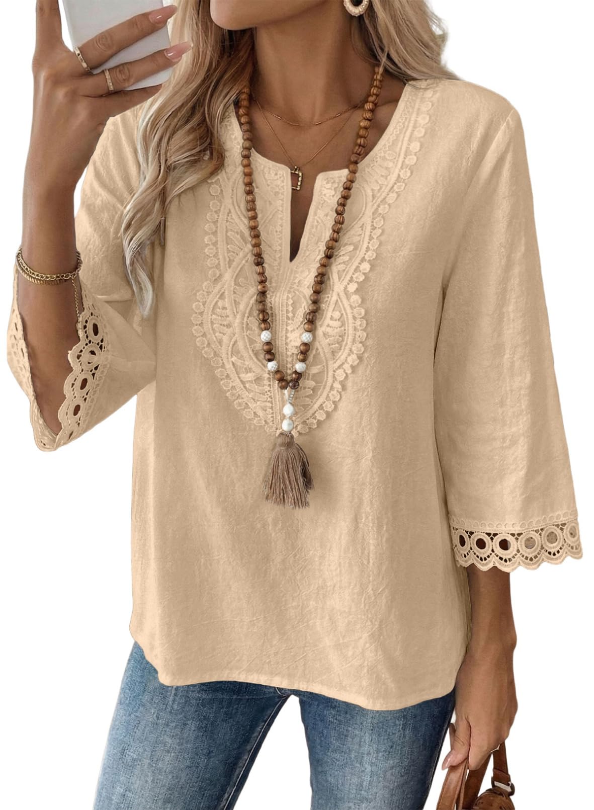 EVALESS Womens 3/4 Length Sleeve Boho Tops Summer Spring 2026 Trendy Lace