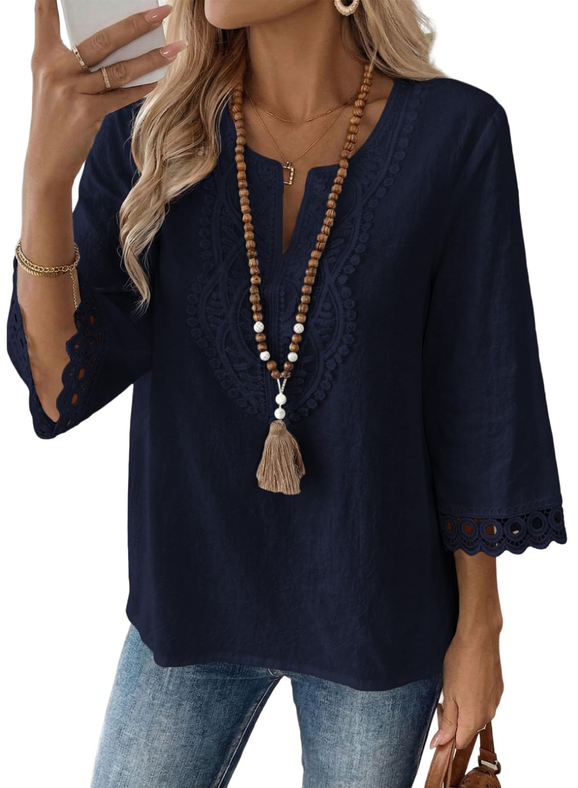 EVALESS Womens 3/4 Length Sleeve Boho Tops Summer Spring 2026 Trendy Lace