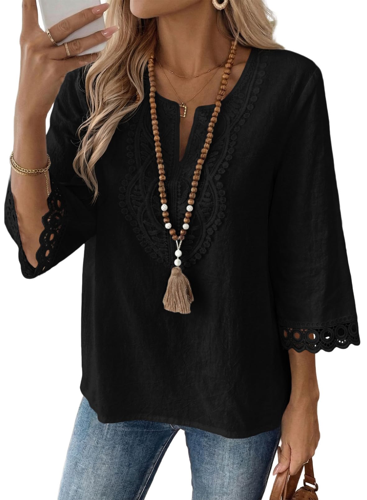 EVALESS Womens 3/4 Length Sleeve Boho Tops Summer Spring 2026 Trendy Lace