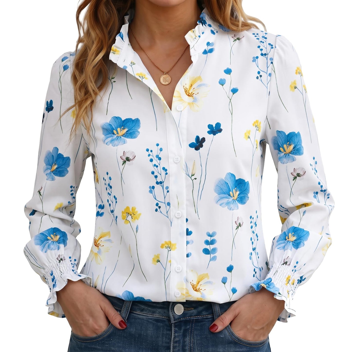 Funlingo Button Down Shirts for Women Long Sleeve Tops Ruffle Collar Blouse