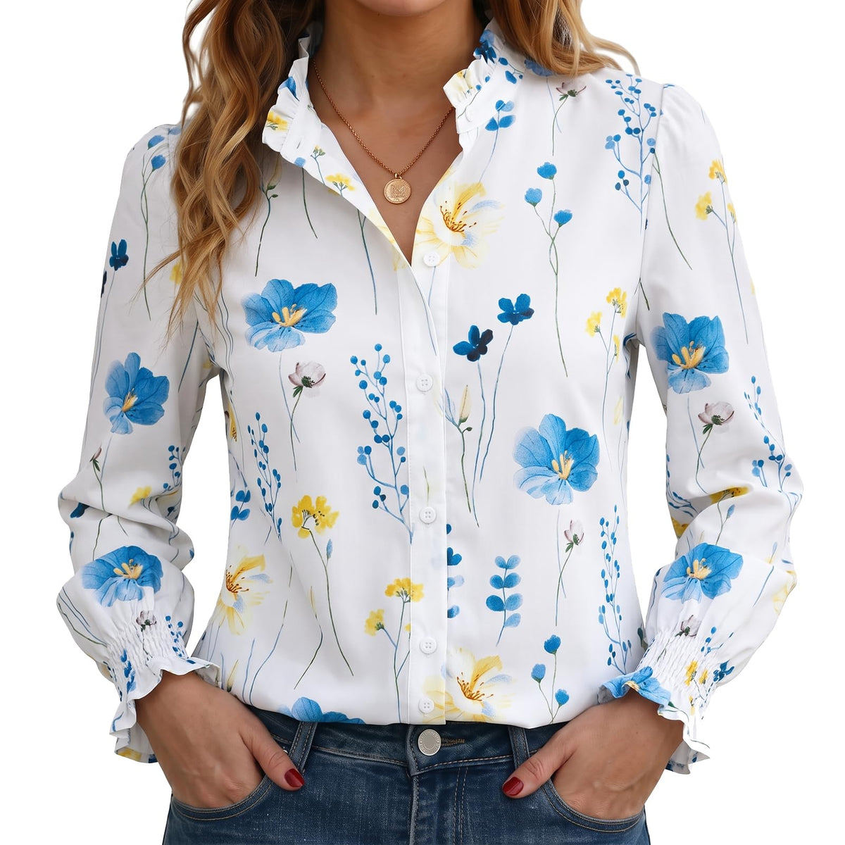 Funlingo Button Down Shirts for Women Long Sleeve Tops Ruffle Collar Blouse