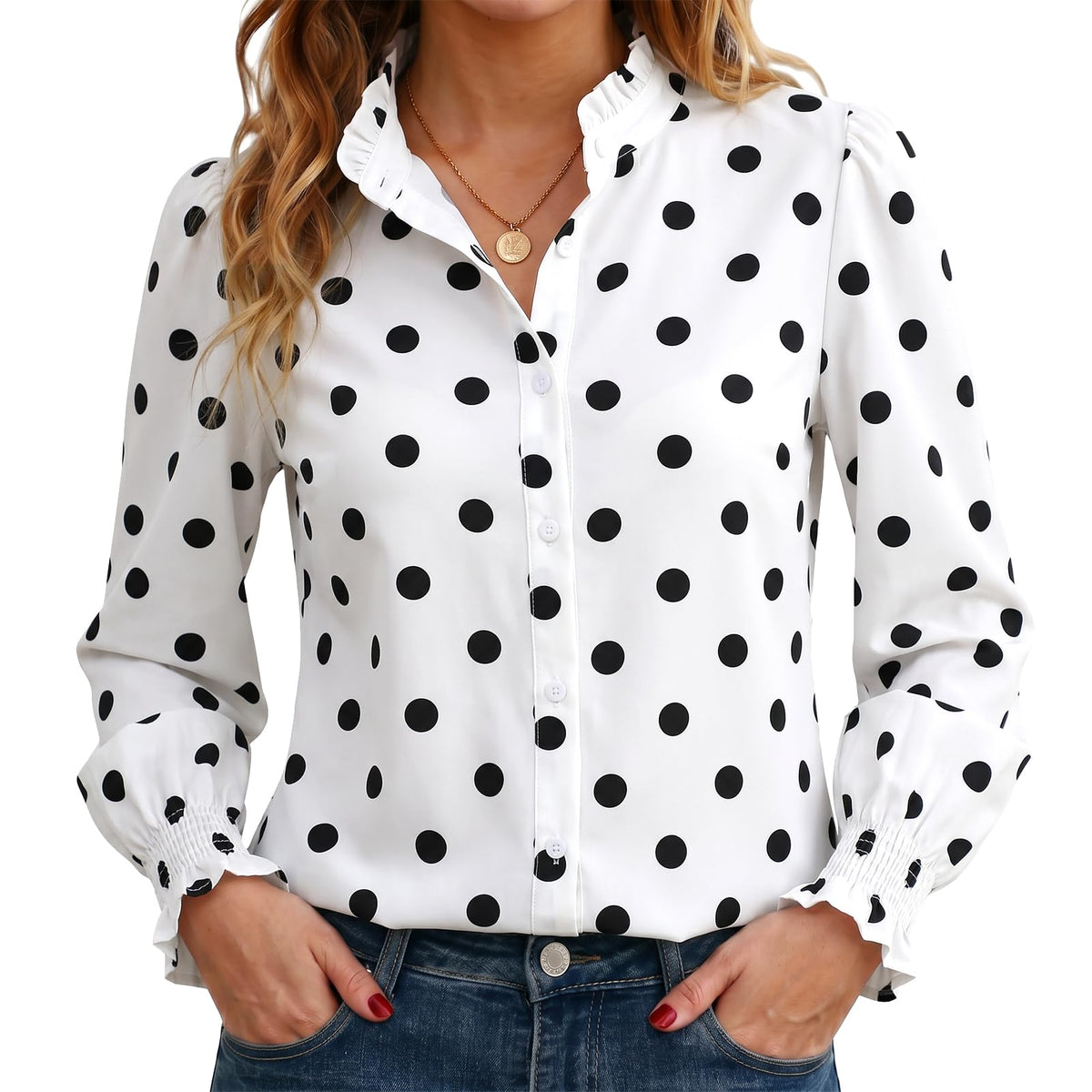 Funlingo Button Down Shirts for Women Long Sleeve Tops Ruffle Collar Blouse