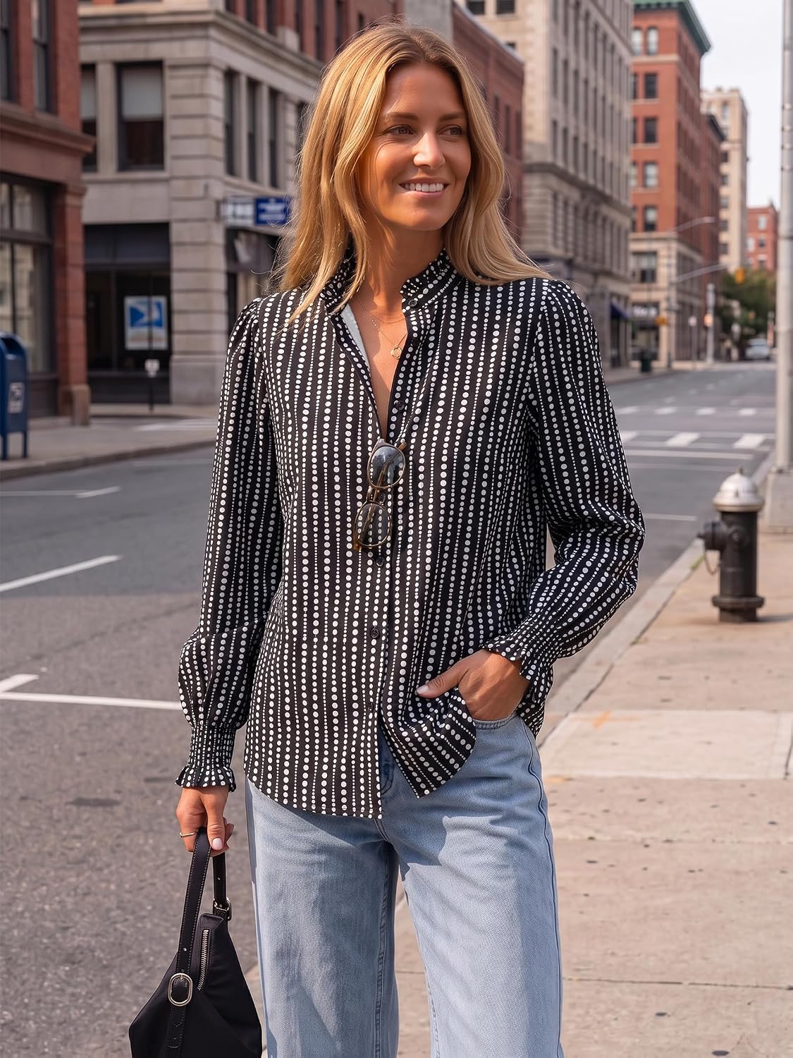 Funlingo Button Down Shirts for Women Long Sleeve Tops Ruffle Collar Blouse