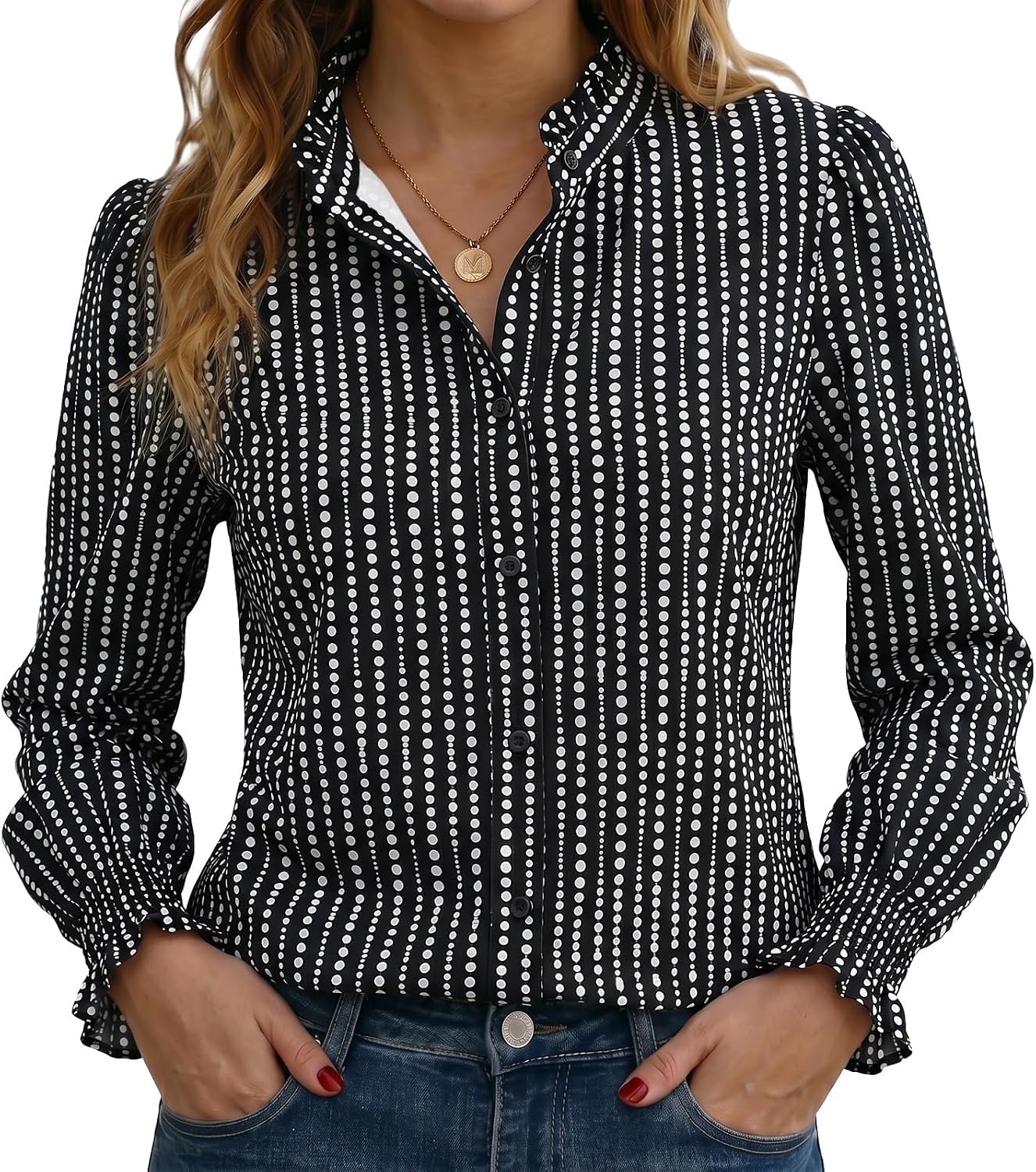 Funlingo Button Down Shirts for Women Long Sleeve Tops Ruffle Collar Blouse