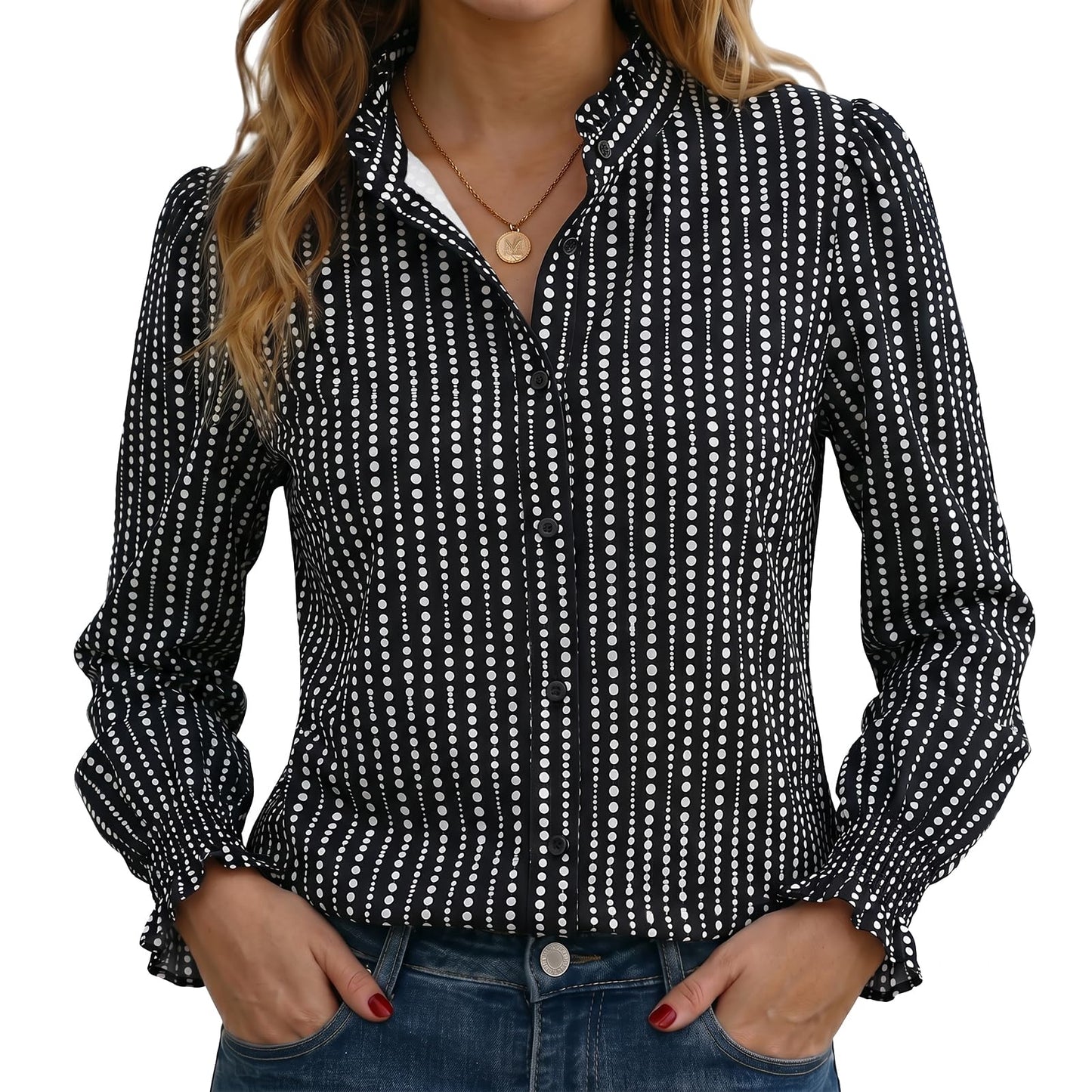 Funlingo Button Down Shirts for Women Long Sleeve Tops Ruffle Collar Blouse