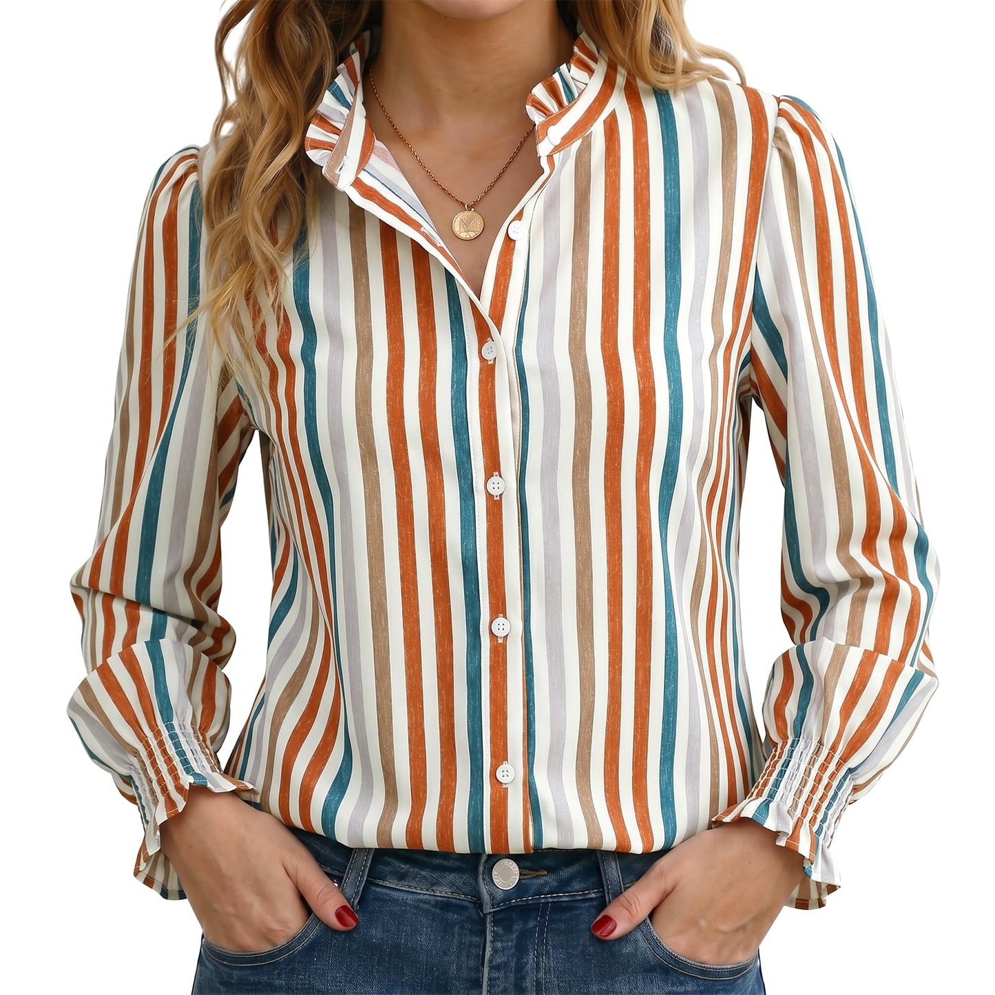 Funlingo Button Down Shirts for Women Long Sleeve Tops Ruffle Collar Blouse