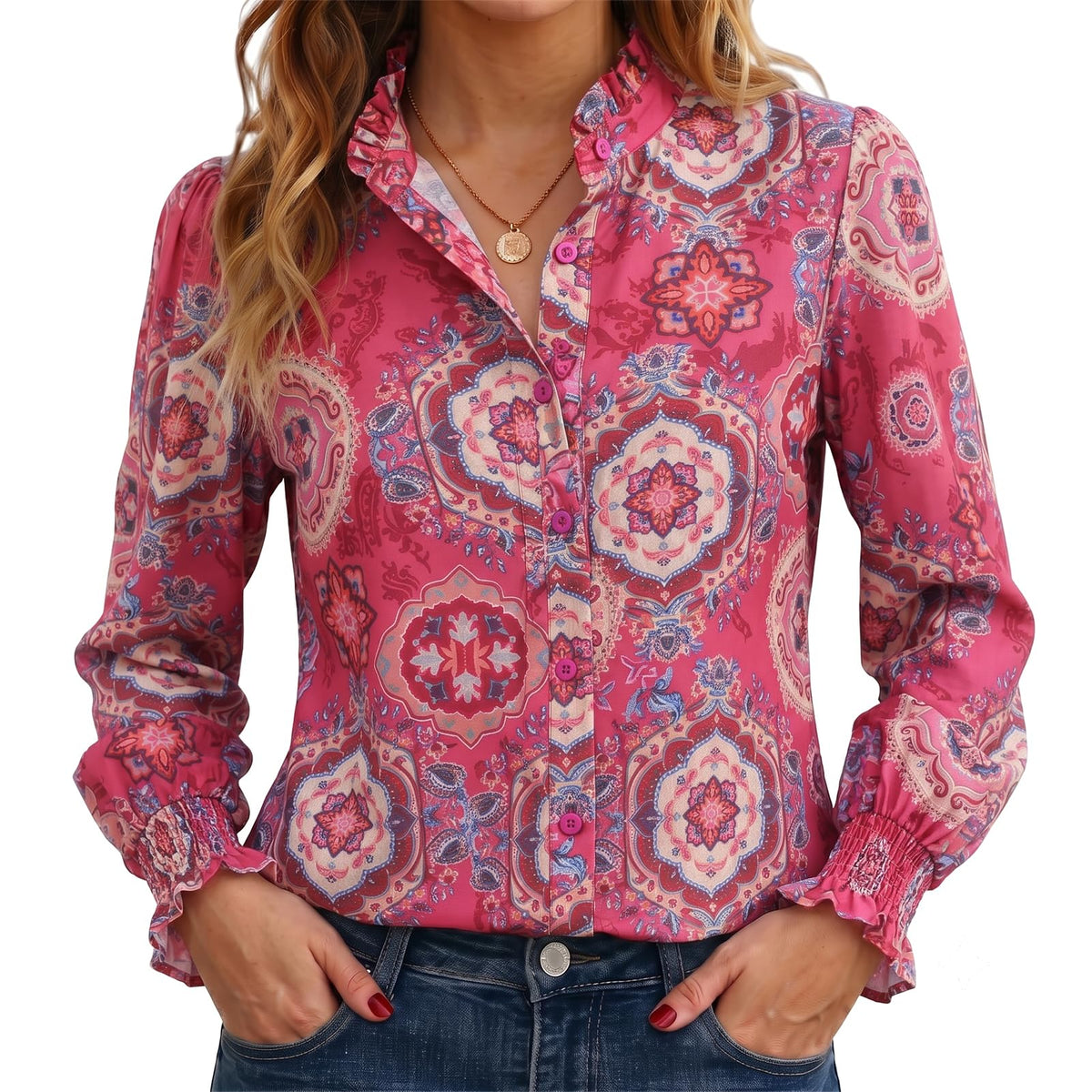 Funlingo Button Down Shirts for Women Long Sleeve Tops Ruffle Collar Blouse
