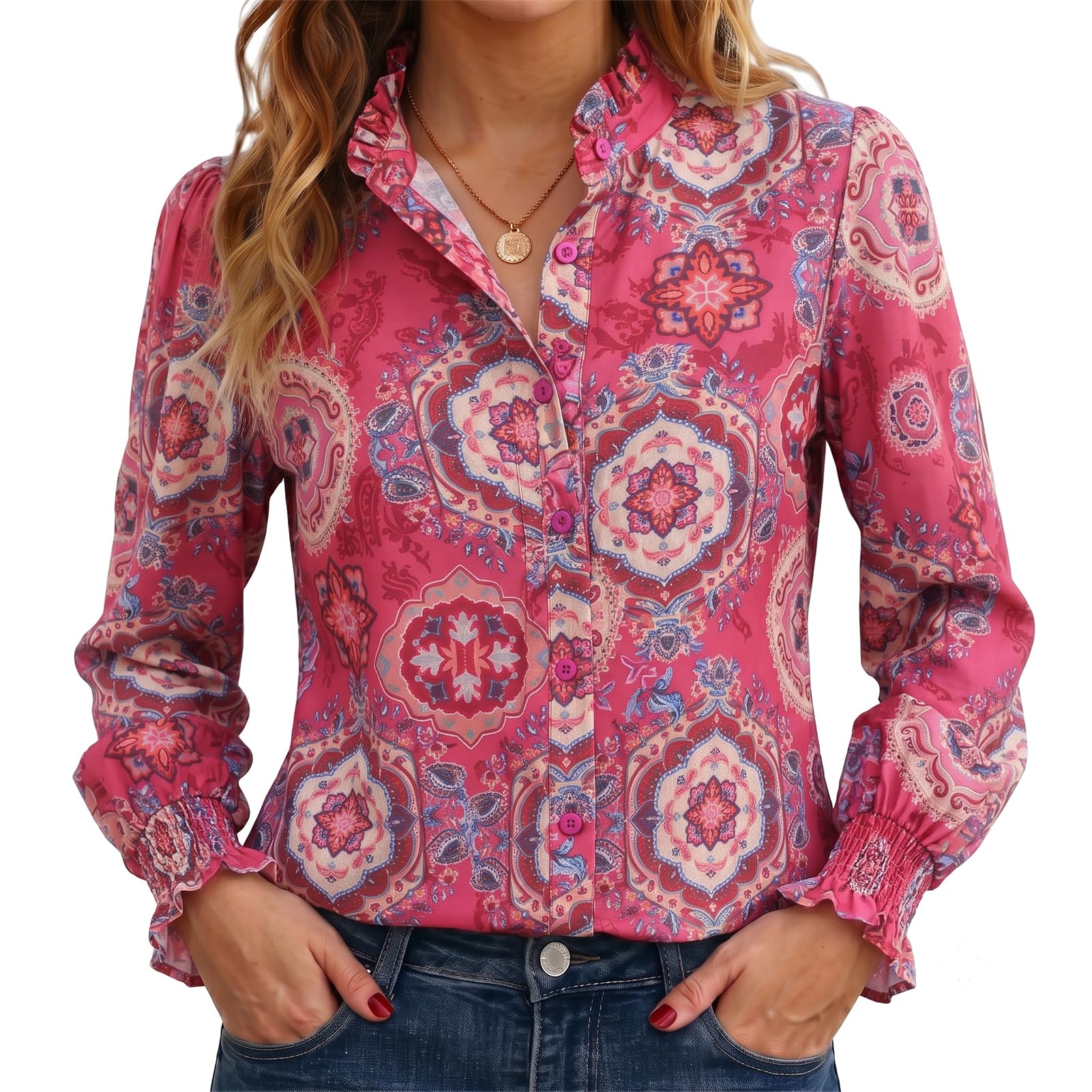 Funlingo Button Down Shirts for Women Long Sleeve Tops Ruffle Collar Blouse