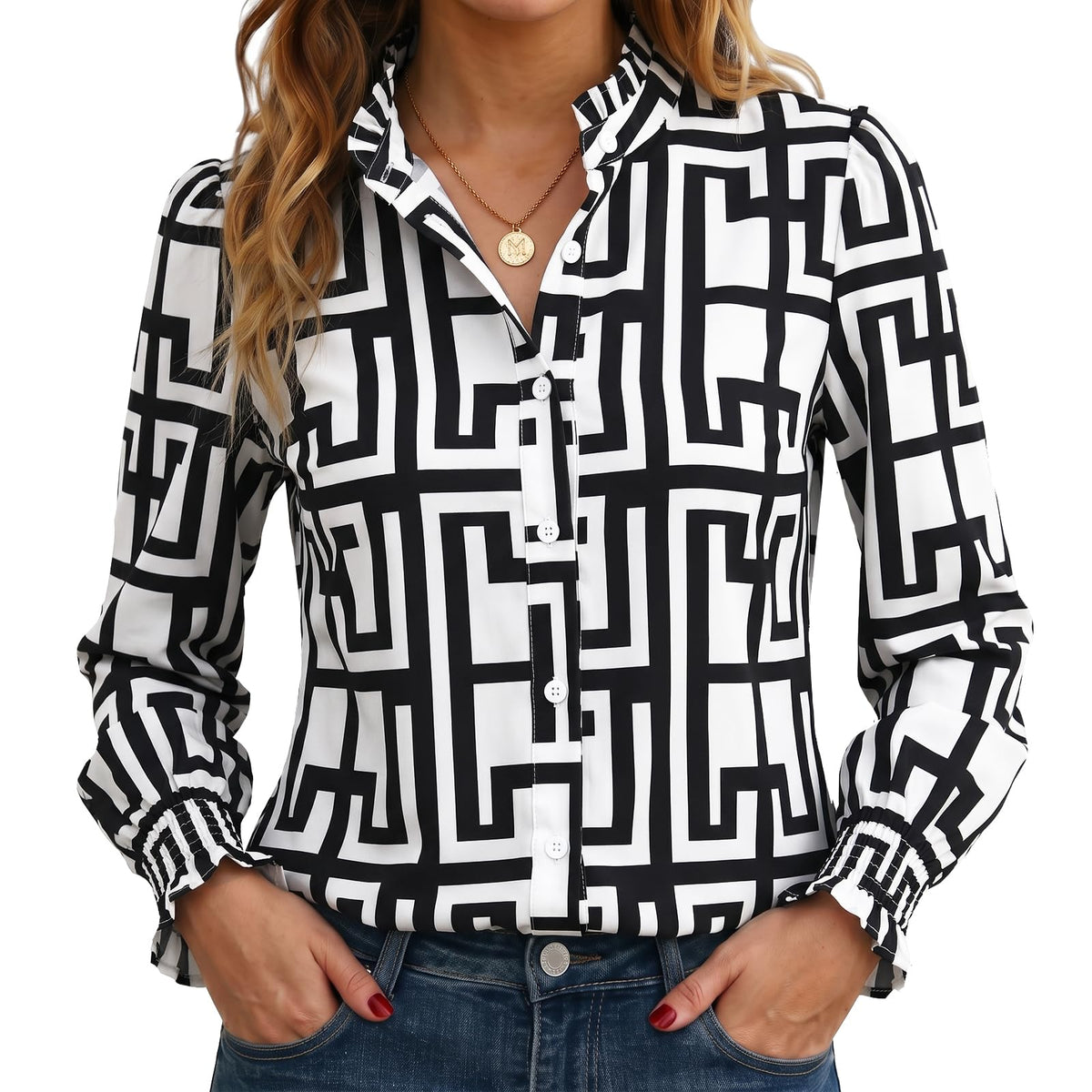 Funlingo Button Down Shirts for Women Long Sleeve Tops Ruffle Collar Blouse