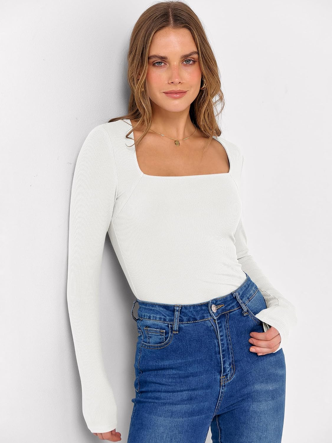 ANRABESS Long Sleeve Shirts for Women Ribbed Square Neck Tops