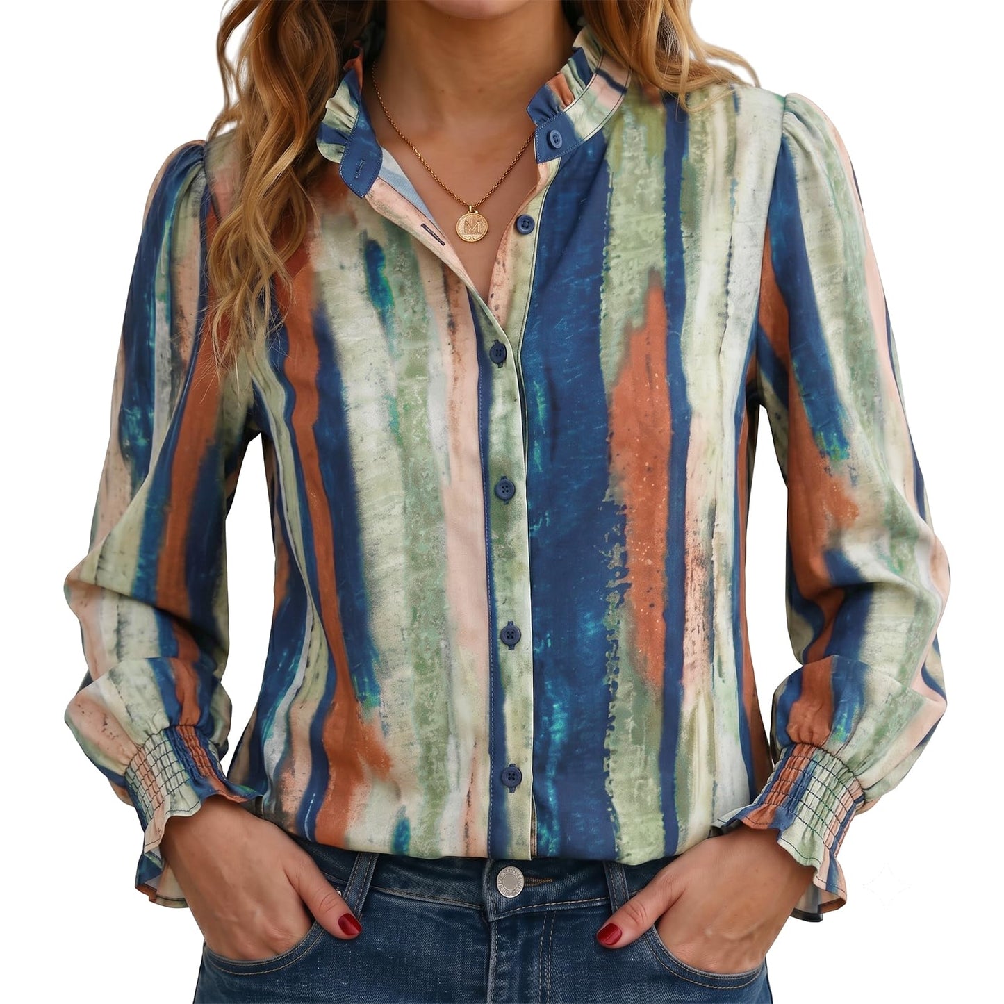 Funlingo Button Down Shirts for Women Long Sleeve Tops Ruffle Collar Blouse