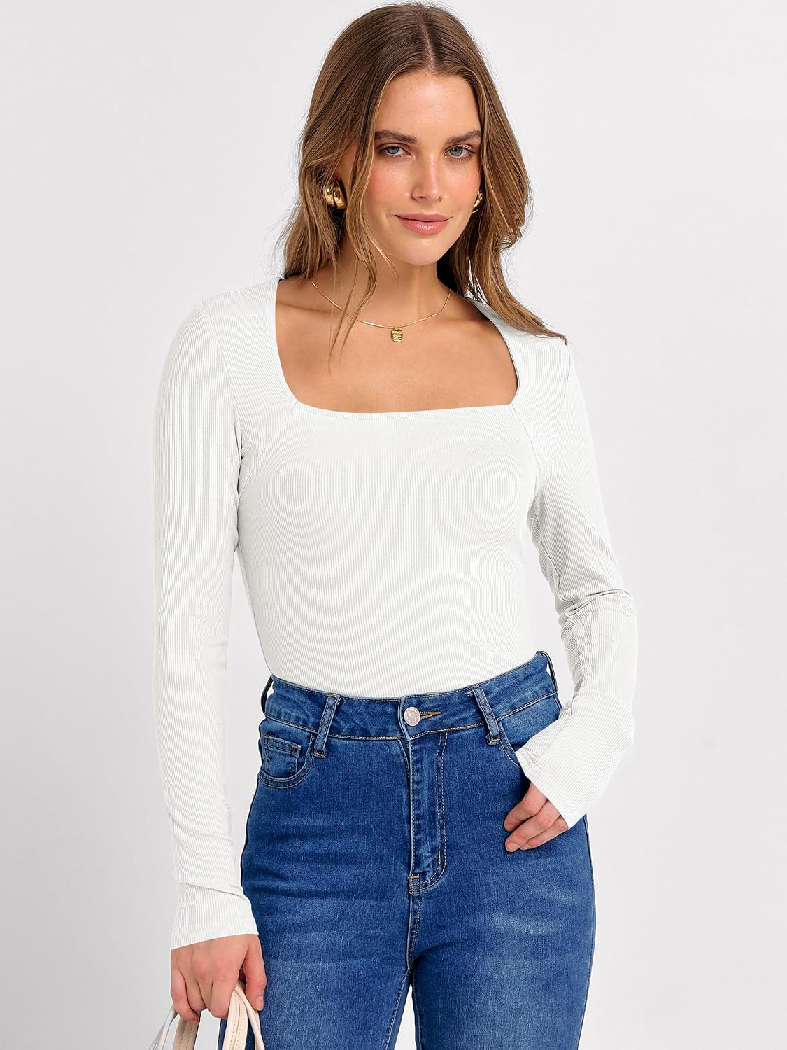 ANRABESS Long Sleeve Shirts for Women Ribbed Square Neck Tops