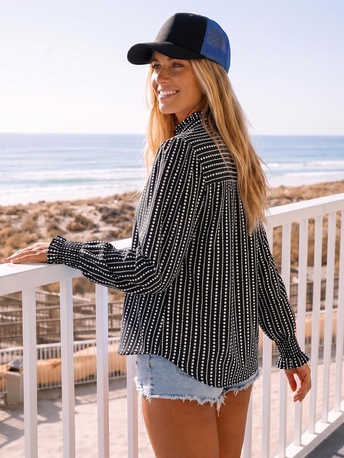 Funlingo Button Down Shirts for Women Long Sleeve Tops Ruffle Collar Blouse