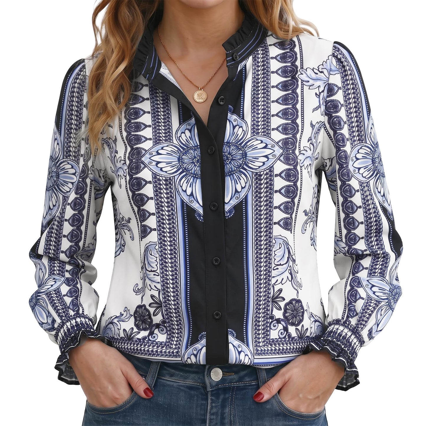 Funlingo Button Down Shirts for Women Long Sleeve Tops Ruffle Collar Blouse