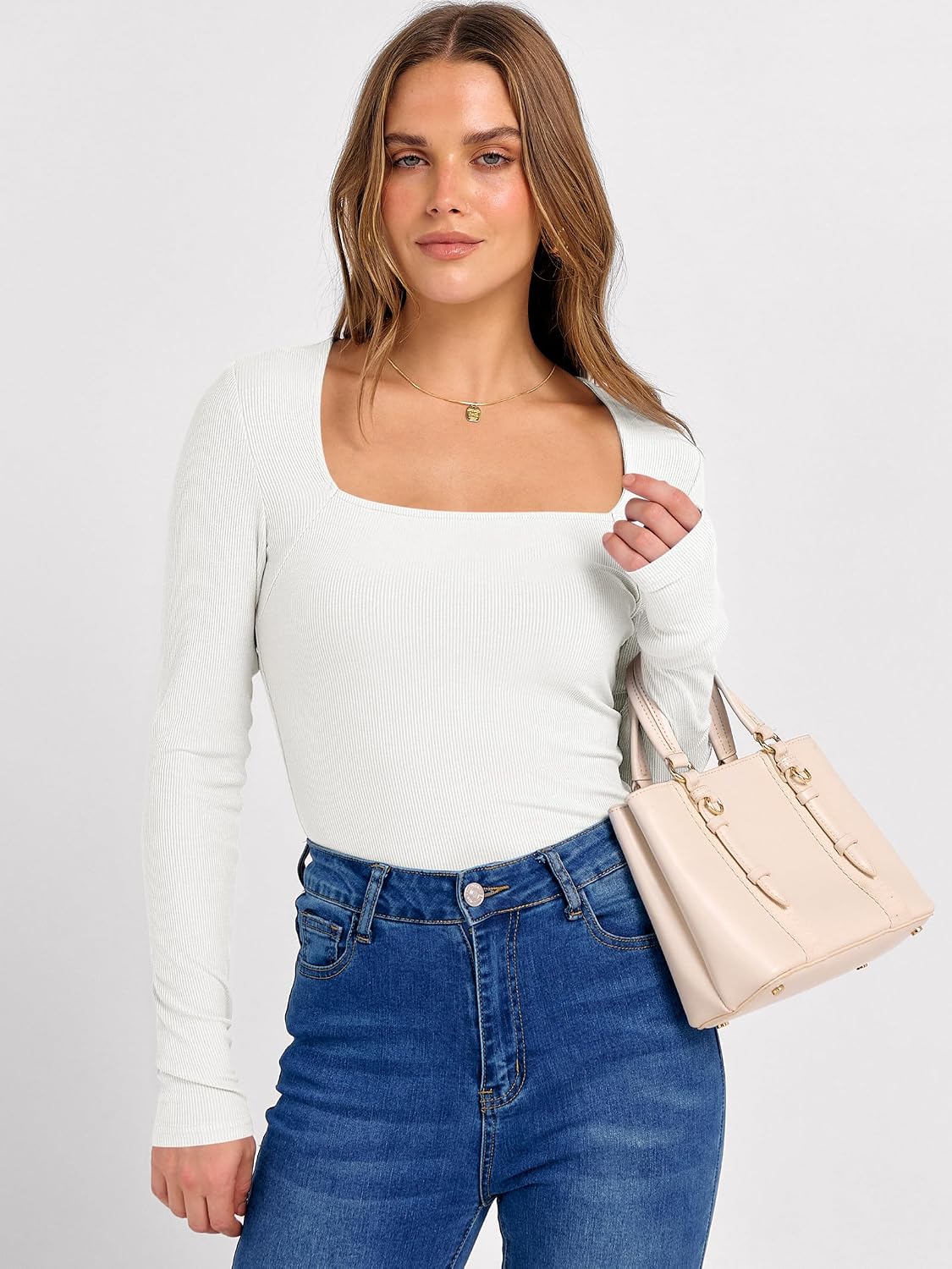 ANRABESS Long Sleeve Shirts for Women Ribbed Square Neck Tops