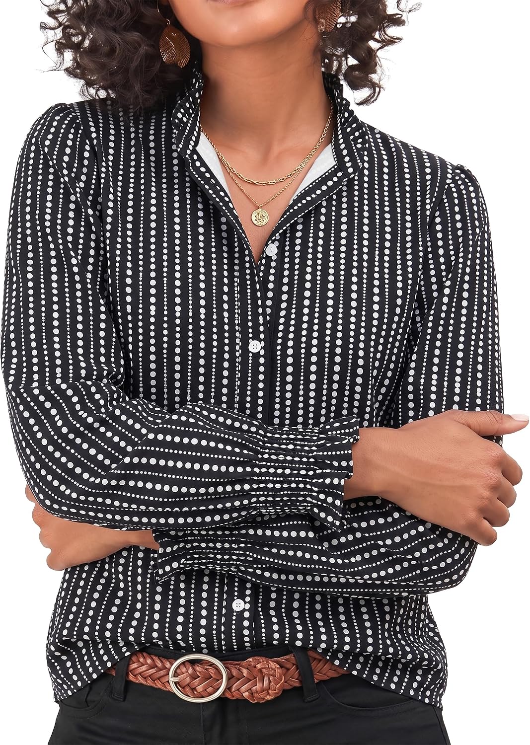 Funlingo Button Down Shirts for Women Long Sleeve Tops Ruffle Collar Blouse